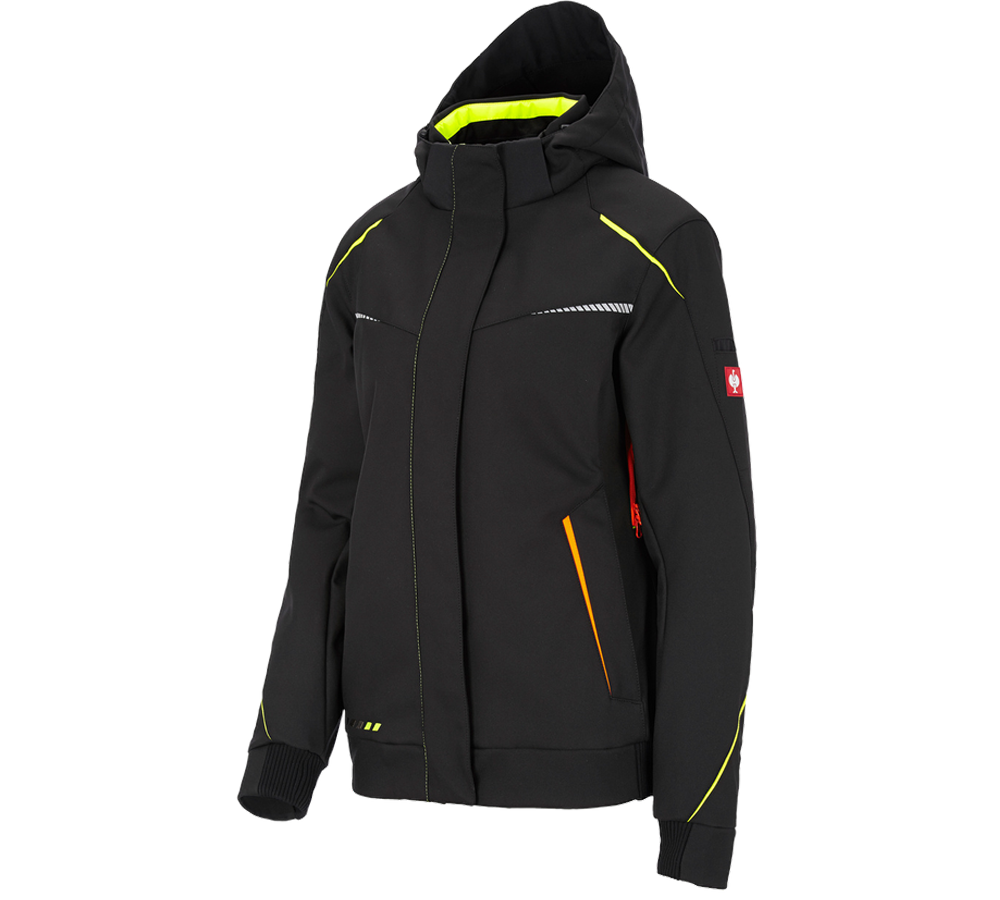 Studená: Zimná softshellová bunda e.s.motion 2020, dámska + čierna/výstražná žltá/výstražná oranžová