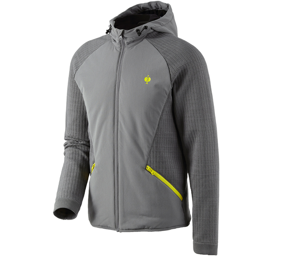 Témy: Hybridná úpletová bunda s kapucňou e.s.trail + čadičovo sivá/acidová žltá