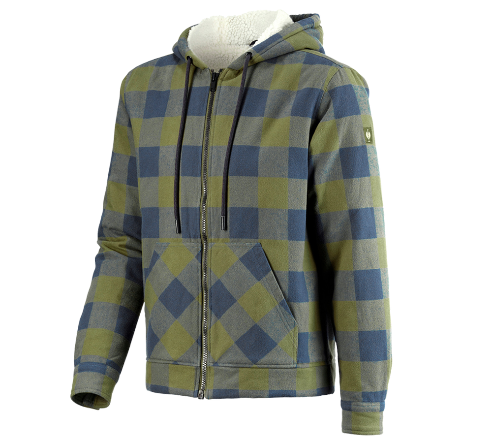 Pracovné bundy: Károvaná bunda s kapucňou e.s.iconic + horská zelená/oxidová modrá