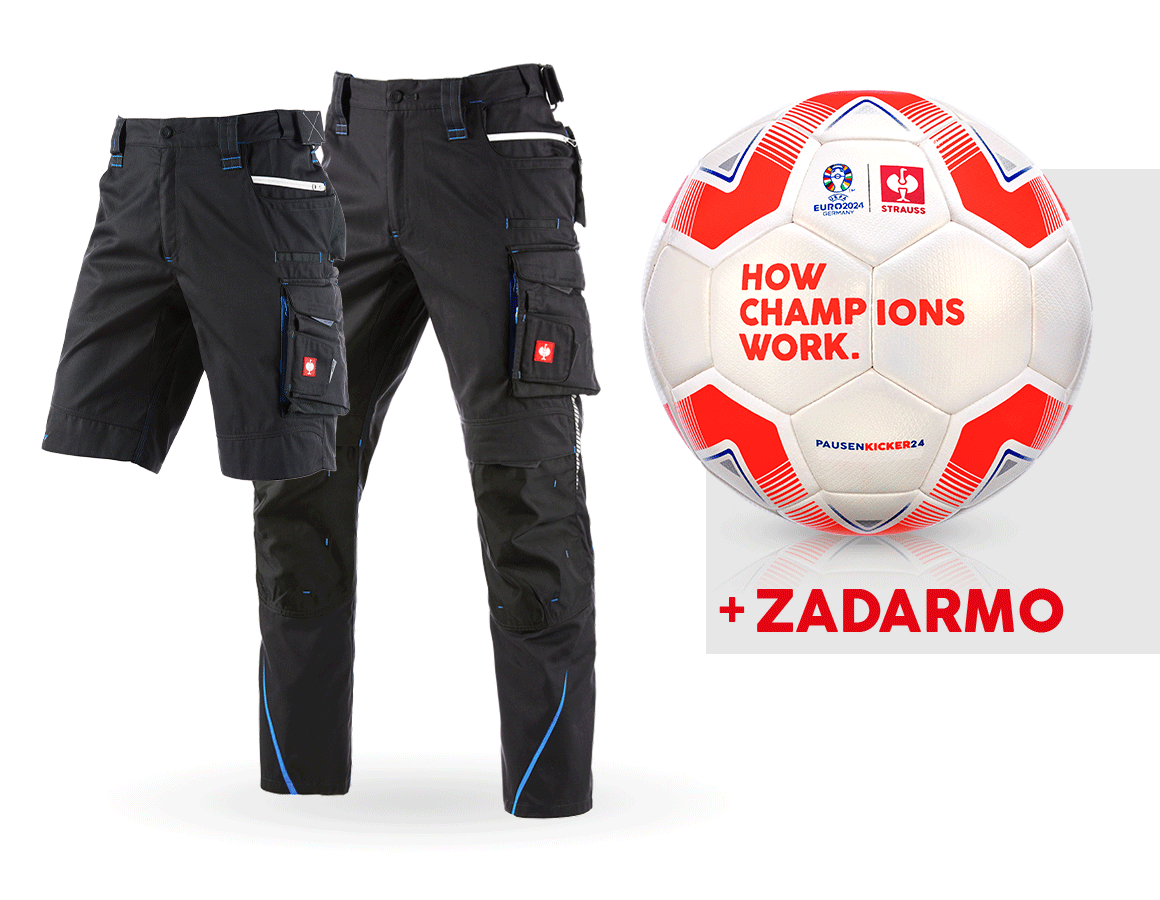 Oblečenie: SÚPR: nohav. e.s.motion 2020+šortky+futbal. lopta + grafitová/enciánová modrá