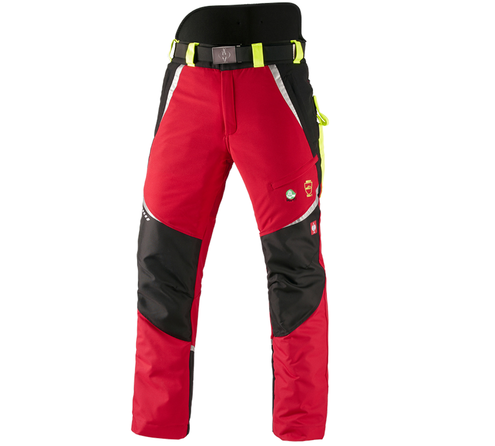 Pracovné nohavice: Lesnícke nohavice, ochr. proti prerezaniu e.s. KWF + červená/výstražná žltá