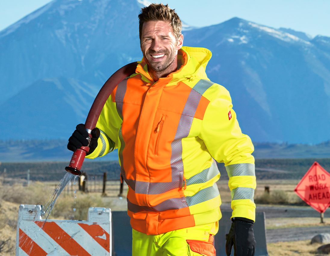 Pracovné bundy: Reflexná zimná softshellová bunda e.s.motion 2020 + výstražná oranžová/výstražná žltá