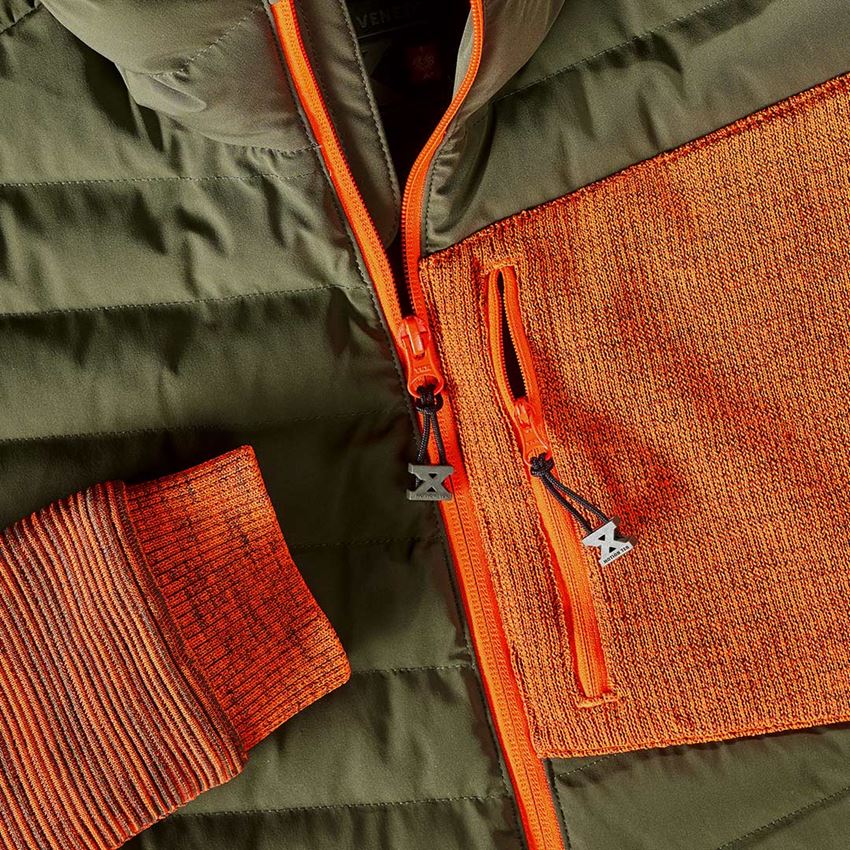 Pracovné bundy: Hybridná úpletová bunda s kapucňou e.s.motion ten + maskáčová zelená/výstražná oranžová melanž 2
