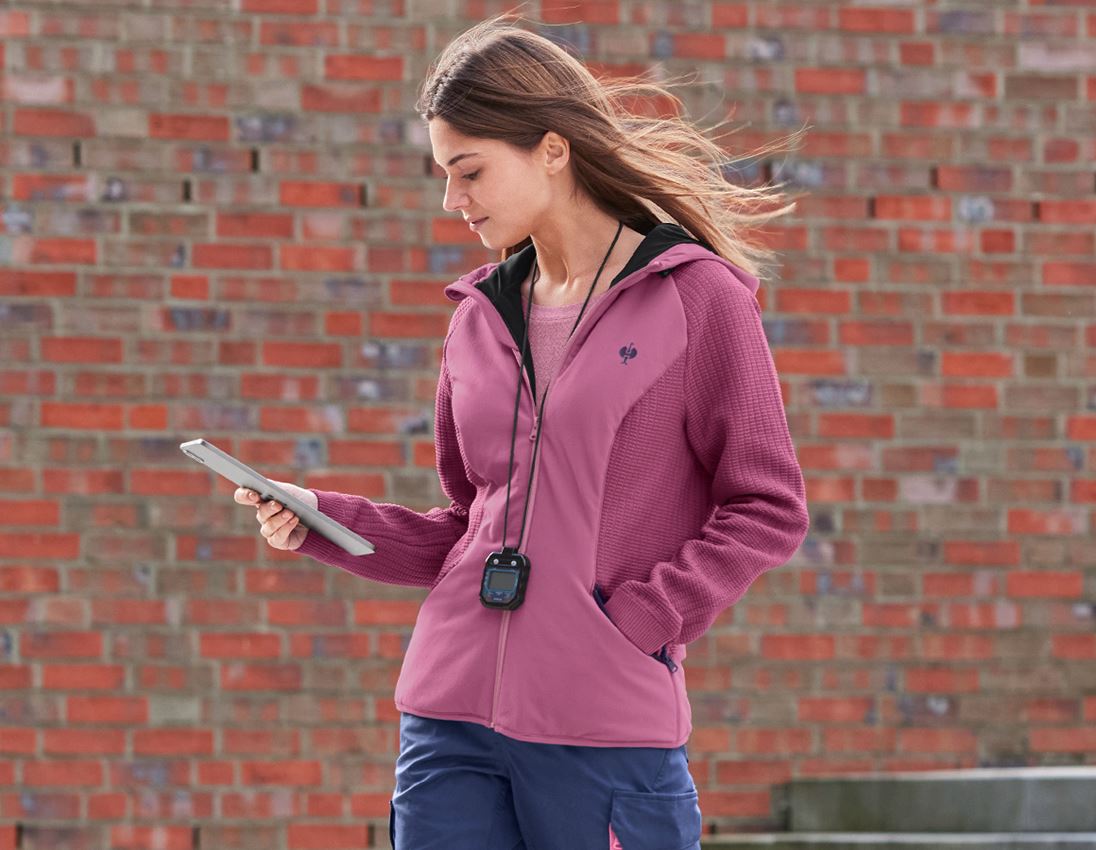 Odevy: Hybridná úpletová bunda kapucňou e.s.trail, dámska + ružová tara/tmavomodrá