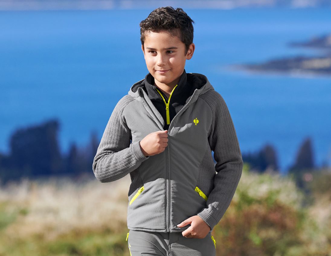 Bundy: Hybridná úpletová bunda kapucňou e.s.trail, detský + čadičovo sivá/acidová žltá