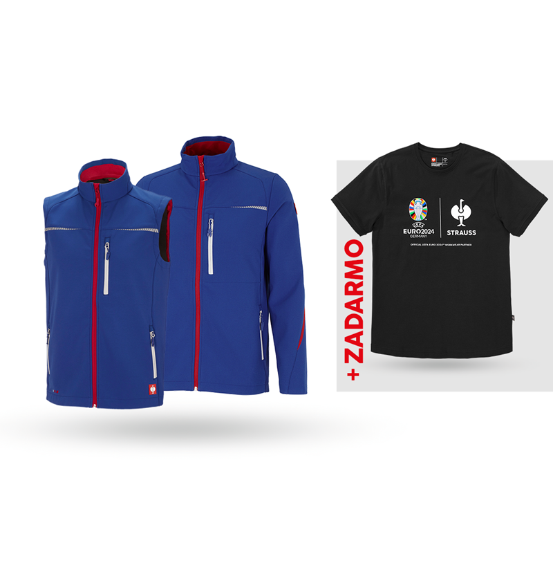 Spolupráce: SÚPRAVA: Softsh.bunda+vesta e.s.motion 2020+Tričko + nevadzovo modrá/ohnivá červená