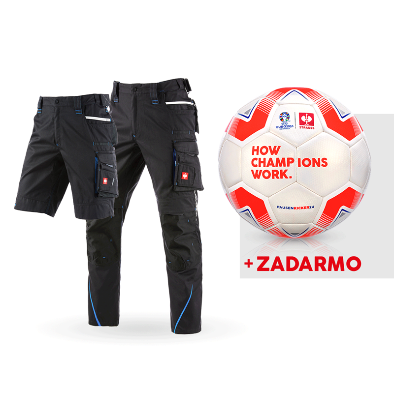 Oblečenie: SÚPR: nohav. e.s.motion 2020+šortky+futbal. lopta + grafitová/enciánová modrá