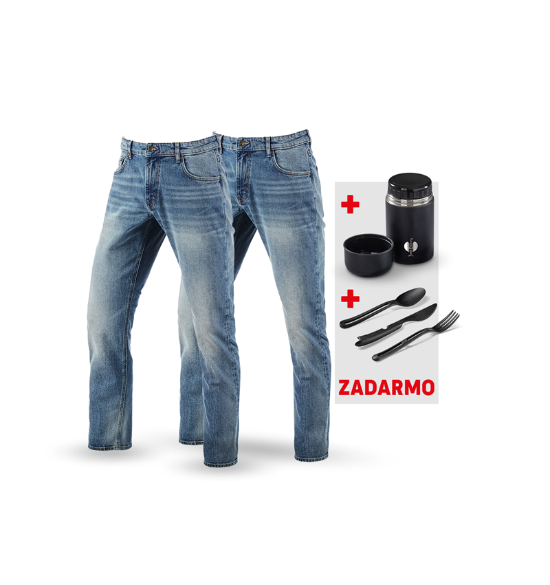 Oblečenie: SÚPRAVA: 2x5-vreckové elast. džínsy+dóza+príbor + stonewashed