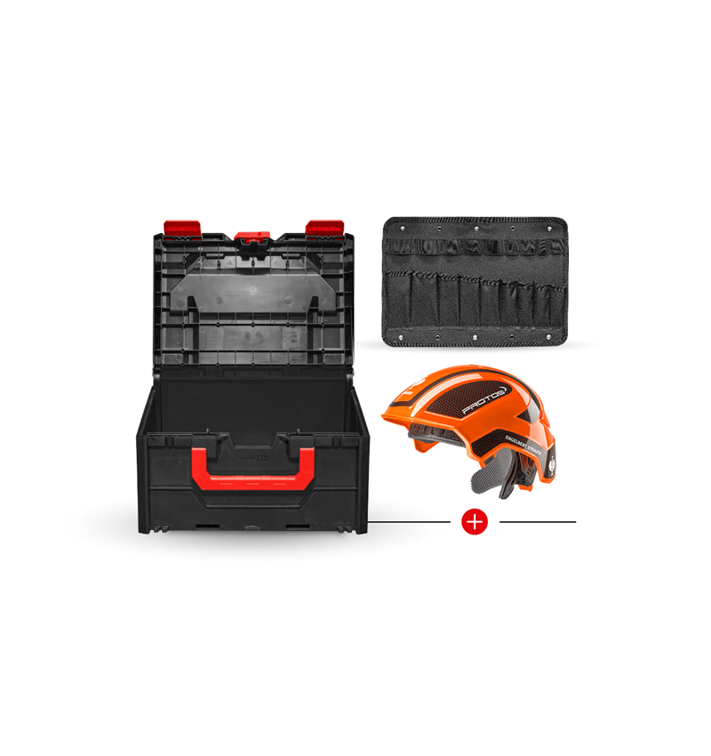 Ochranné pomôcky: Pracovná prilba e.s. Protos® + STRAUSSbox 215 midi + oranžová/čierna